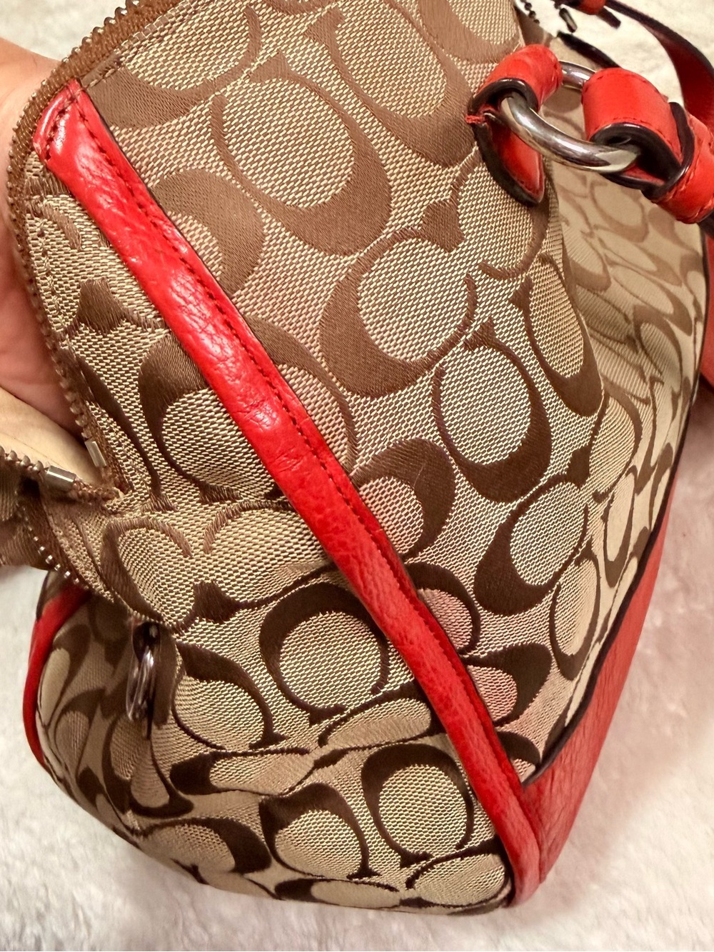 Coach Beige Signature Canvas Satchel with Red Leather Trim - Picture 15 of 16